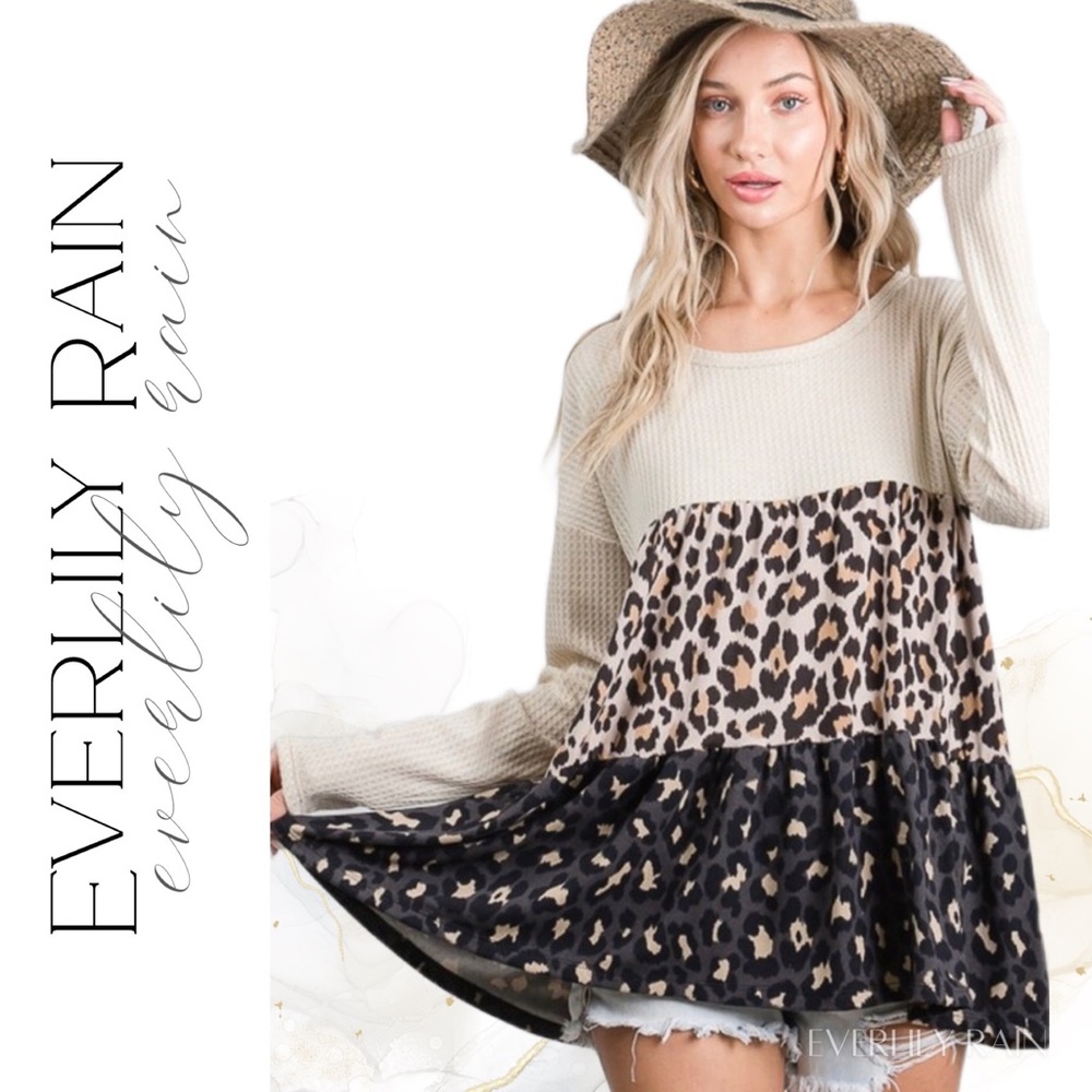 💞 Soft Waffle Knit Mixed Print Babydoll Top - Picture 4 of 15